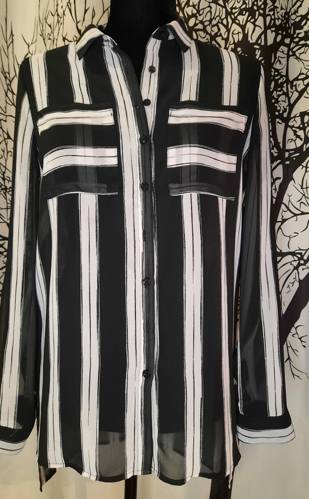 Black and White Button Down Striped Sheer Long Droptail Tunic